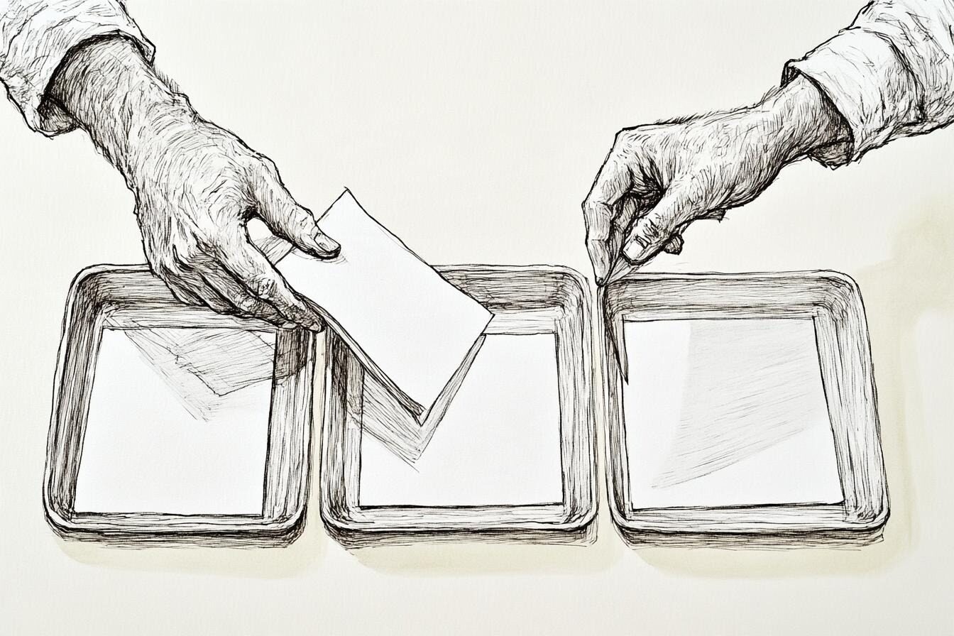 Black ink drawing of a man at a desk sorting paper documents into three empty trays.