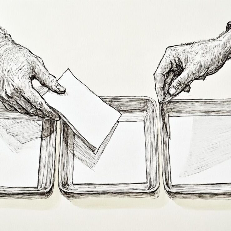 Black ink drawing of a man at a desk sorting paper documents into three empty trays.