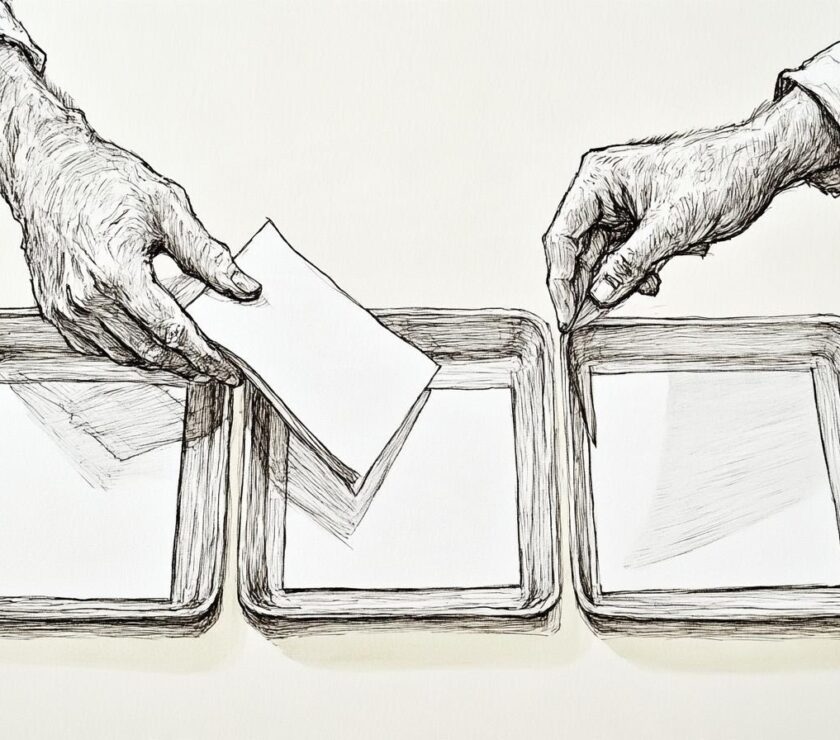 Black ink drawing of a man at a desk sorting paper documents into three empty trays.